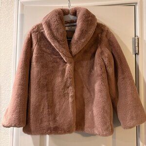 H&M Girls Pink Faux Fur Coat 8-10Years Lined Snap Closure Long Sleeve Mid-Length